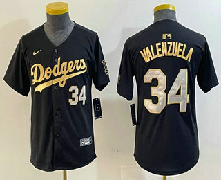 Youth Los Angeles Dodgers #34 Fernando Valenzuela Black Gold Stitched Cool Base Jersey