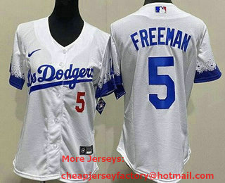 Youth Los Angeles Dodgers #5 Freddie Freeman White City Red Number Cool Base Jersey