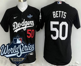Youth Los Angeles Dodgers #50 Mookie Betts Black 2025 World Series Limited Jersey