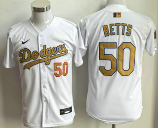 Youth Los Angeles Dodgers #50 Mookie Betts White 2025 Gold Collection Limited Stitched Jersey