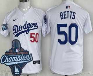 Youth Los Angeles Dodgers #50 Mookie Betts White 2025 World Series Champions Limited Jersey
