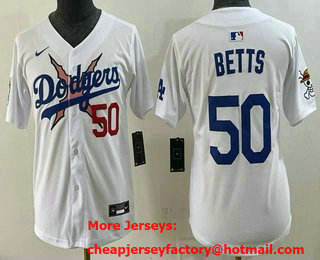 Youth Los Angeles Dodgers x One Piece #50 Mookie Betts White Limited Stitched Jersey