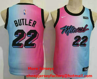 Youth Miami Heat #22 Jimmy Butler Pink Blue 2021 Nike City Edition Sponsor Swingman Jersey
