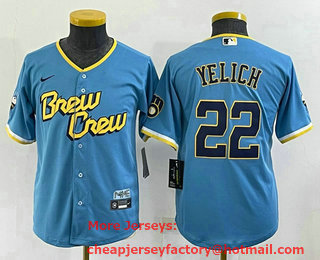 Youth Milwaukee Brewers #22 Christian Yelich Blue 2022 City Connect Cool Base Stitched Jersey
