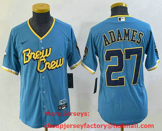 Youth Milwaukee Brewers #27 Willy Adames Blue 2022 City Connect Cool Base Stitched Jersey