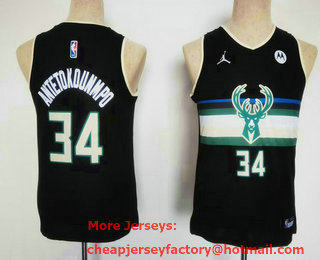 Youth Milwaukee Bucks #34 Giannis Antetokounmpo Black 2023 Jordan Swingman Stitched Jersey With Sponsor