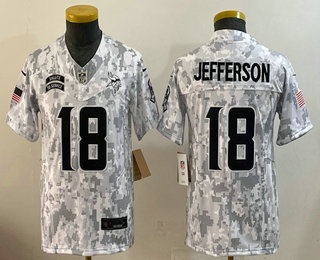 Youth Minnesota Vikings #18 Justin Jefferson Arctic Camo 2024 FUSE Salute to Service Limited Stitched Jersey