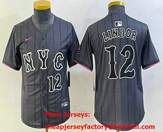 Youth New York Mets #12 Francisco Lindor Number Grey 2024 City Connect Cool Base Stitched Jersey