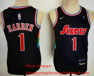 Youth Philadelphia 76ers #1 James Harden Blue Nike 2022 City Edition Swingman Stitched Jersey With Sponsor