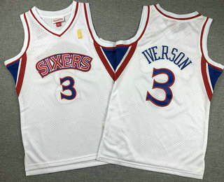 Youth Philadelphia 76ers #3 Allen Iverson 1996-97 White Gold Hardwoodl Swingman Throwback Jersey