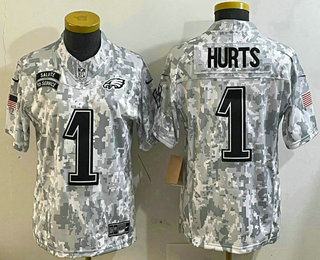 Youth Philadelphia Eagles #1 Jalen Hurts 2024 FUSE Arctic Camo Salute to Service Limited Stitched Jersey
