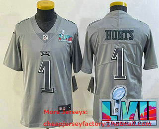 Youth Philadelphia Eagles #1 Jalen Hurts Gray Super Bowl LVII Patch Atmosphere Fashion Stitched Jersey