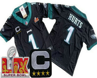 Youth Philadelphia Eagles #1 Jalen Hurts Limited Black C Patch Super Bowl LIX Vapor FUSE Jersey