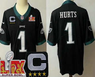 Youth Philadelphia Eagles #1 Jalen Hurts Limited Black C Patch Super Bowl LIX Vapor Jersey