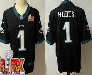 Youth Philadelphia Eagles #1 Jalen Hurts Limited Black Super Bowl LIX Vapor Jersey