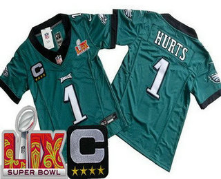Youth Philadelphia Eagles #1 Jalen Hurts Limited Green C Patch Super Bowl LIX Vapor FUSE Jersey