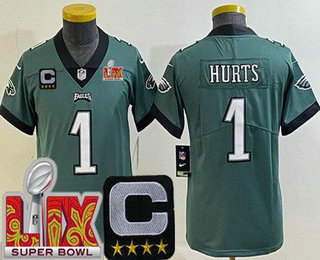 Youth Philadelphia Eagles #1 Jalen Hurts Limited Green C Patch Super Bowl LIX Vapor Jersey