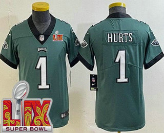 Youth Philadelphia Eagles #1 Jalen Hurts Limited Green Super Bowl LIX Vapor Jersey