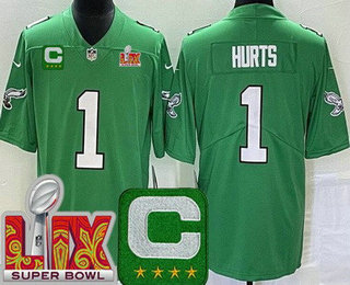 Youth Philadelphia Eagles #1 Jalen Hurts Limited Kelly Green C Patch Super Bowl LIX Vapor Jersey