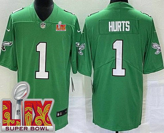 Youth Philadelphia Eagles #1 Jalen Hurts Limited Kelly Green Super Bowl LIX Vapor Jersey