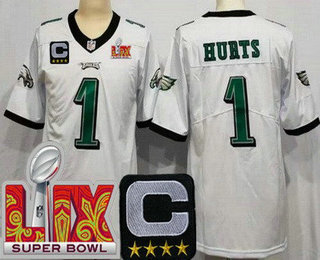 Youth Philadelphia Eagles #1 Jalen Hurts Limited White C Patch Super Bowl LIX Vapor Jersey