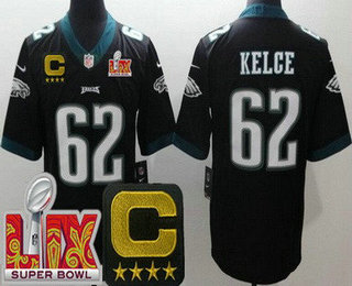 Youth Philadelphia Eagles #62 Jason Kelce Limited Black C Patch Super Bowl LIX Vapor Jersey