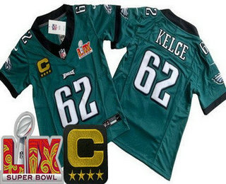 Youth Philadelphia Eagles #62 Jason Kelce Limited Green C Patch Super Bowl LIX Vapor FUSE Jersey