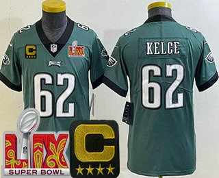 Youth Philadelphia Eagles #62 Jason Kelce Limited Green C Patch Super Bowl LIX Vapor Jersey