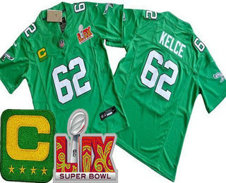 Youth Philadelphia Eagles #62 Jason Kelce Limited Kelly Green C Patch Super Bowl LIX Vapor FUSE Jersey