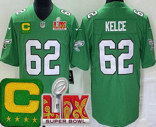 Youth Philadelphia Eagles #62 Jason Kelce Limited Kelly Green C Patch Super Bowl LIX Vapor Jersey