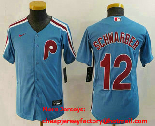 Youth Philadelphia Phillies #12 Kyle Schwarber Light Blue Cooperstown Cool Base Jersey