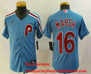 Youth Philadelphia Phillies #16 Brandon Marsh Light Blue Cooperstown Cool Base Jersey