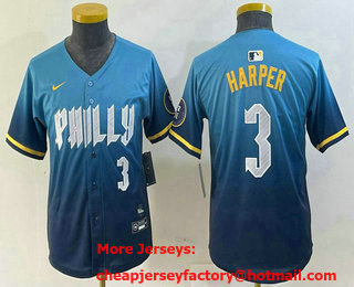 Youth Philadelphia Phillies #3 Bryce Harper Number Blue 2024 City Connect Limited Stitched Jersey