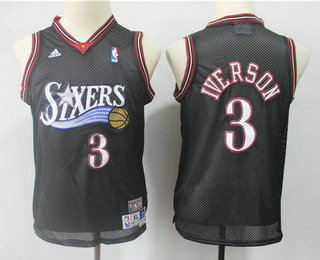 Youth Philadelphia Sixers #3 Allen Iverson Black Hardwood Classics Soul Swingman Throwback Jersey