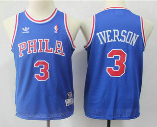 Youth Philadelphia Sixers #3 Allen Iverson Blue Hardwood Classics Soul Swingman Throwback Jersey