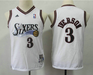 Youth Philadelphia Sixers #3 Allen Iverson White Hardwood Classics Soul Swingman Throwback Jersey
