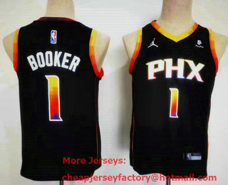 Youth Phoenix Suns #1 Devin Booker Black 2022 Statement Icon Sponsor Swingman Jersey