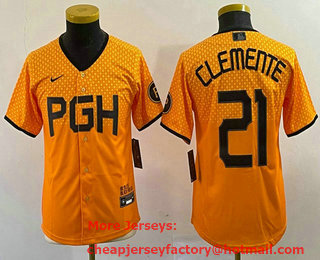 Youth Pittsburgh Pirates #21 Roberto Clemente Yellow 2023 City Connect Stitched Jersey 01