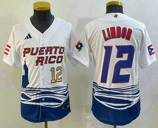 Youth Puerto Rico Baseball #12 Francisco Lindor Number 2023 White World Baseball Classic Stitched Jersey 01
