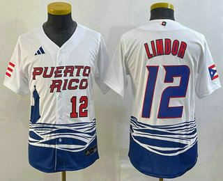 Youth Puerto Rico Baseball #12 Francisco Lindor Number 2023 White World Baseball Classic Stitched Jersey 02