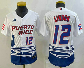 Youth Puerto Rico Baseball #12 Francisco Lindor Number 2023 White World Baseball Classic Stitched Jersey 03