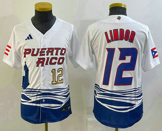 Youth Puerto Rico Baseball #12 Francisco Lindor Number 2023 White World Baseball Classic Stitched Jersey 04
