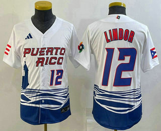 Youth Puerto Rico Baseball #12 Francisco Lindor Number 2023 White World Baseball Classic Stitched Jersey 05