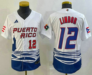 Youth Puerto Rico Baseball #12 Francisco Lindor Number 2023 White World Baseball Classic Stitched Jersey 06