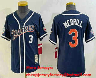 Youth San Diego Padres #3 Jackson Merrill Navy Player Number Cooperstown Cool Base Jersey
