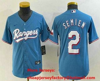 Youth Texas Rangers #2 Marcus Semien Light Blue Team Logo Cool Base Jersey