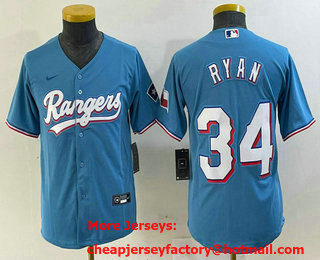 Youth Texas Rangers #34 Nolan Ryan Light Blue Team Logo Cool Base Jersey