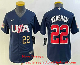 Youth USA Baseball #22 Clayton Kershaw Number 2023 Navy World Classic Stitched Jersey 01