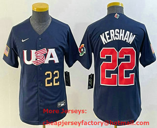 Youth USA Baseball #22 Clayton Kershaw Number 2023 Navy World Classic Stitched Jersey 02