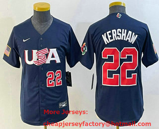 Youth USA Baseball #22 Clayton Kershaw Number 2023 Navy World Classic Stitched Jersey 03